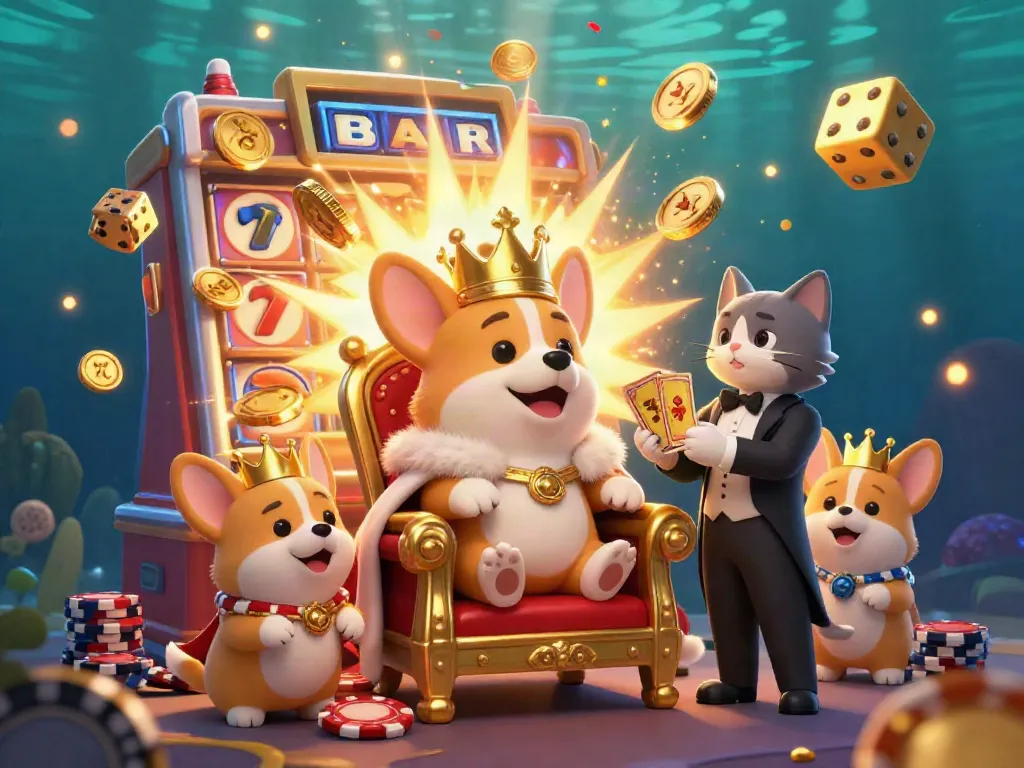 Experience the excitement of BGD77 casino as a royal corgi sits on a poker chip throne amidst a jackpot explosion.
