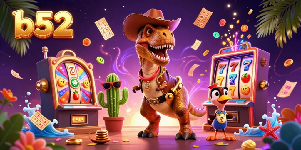 Join the fun at b52 casino with a lively illustration showcasing vibrant slot elements and characters.