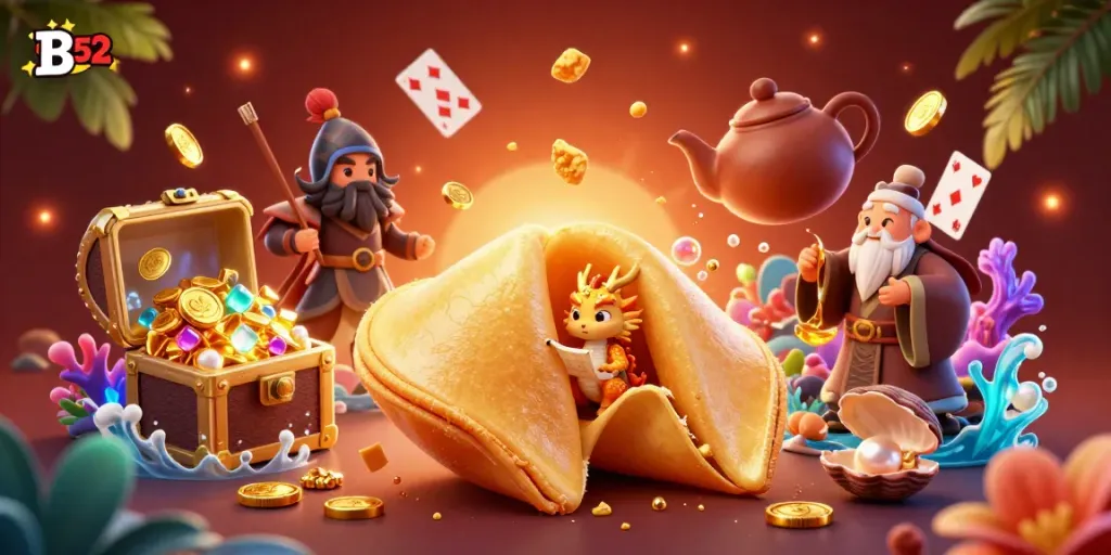 Engage with B52's immersive casino scene showcasing fortune cookies, gold, and dragon characters dynamically interacting.