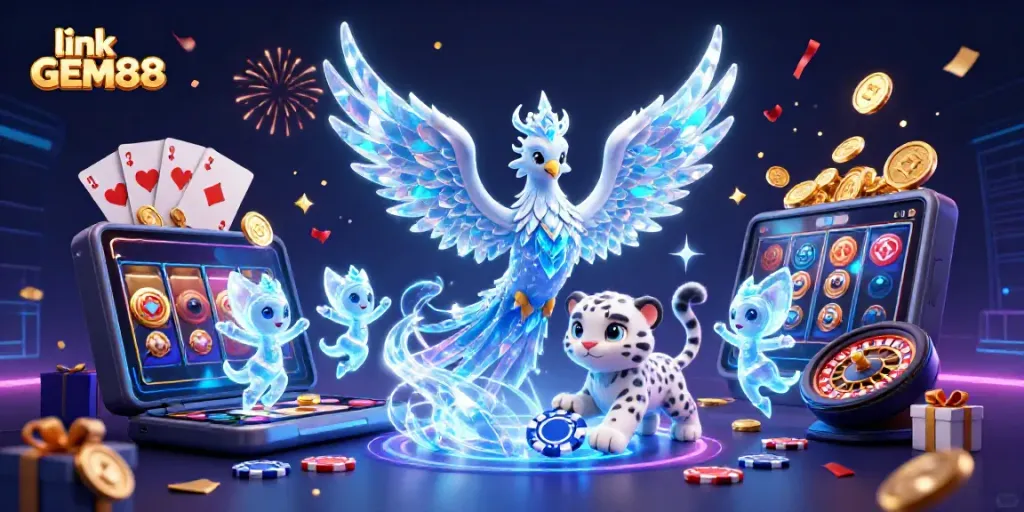 Experience the thrill of link GEM88 as an ice phoenix and snow leopard encounter vibrant casino elements.