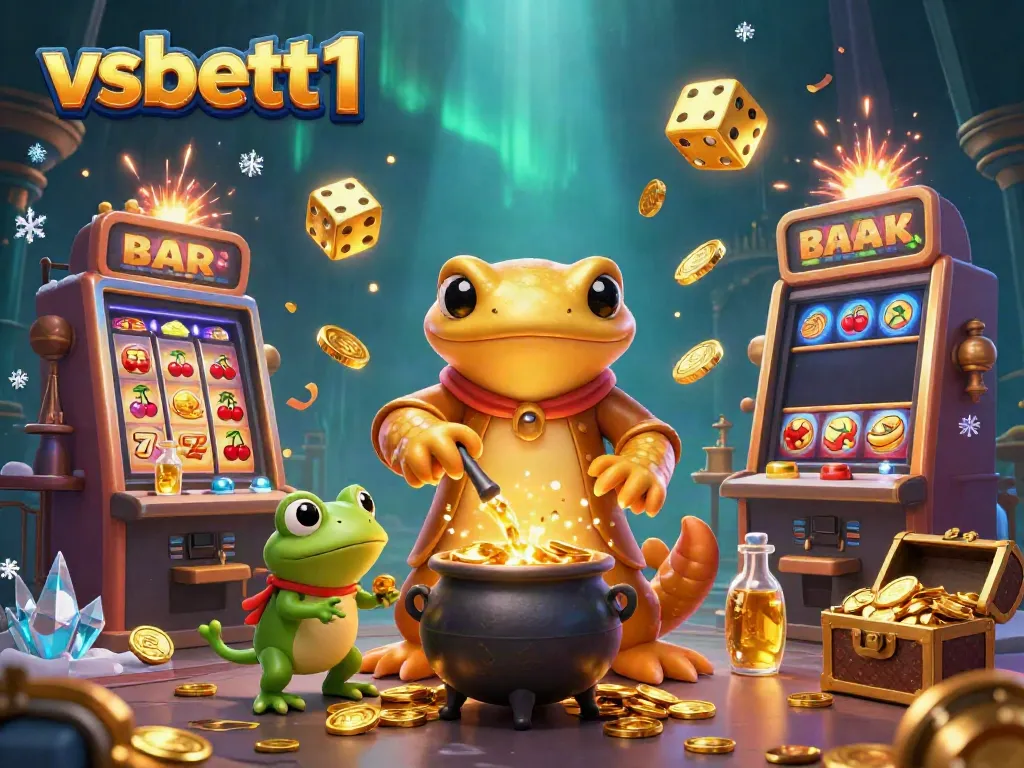 Experience thrilling gameplay at vsbett1 with a scene showcasing a golden salamander alchemist, slot machines, and festive casino elements.