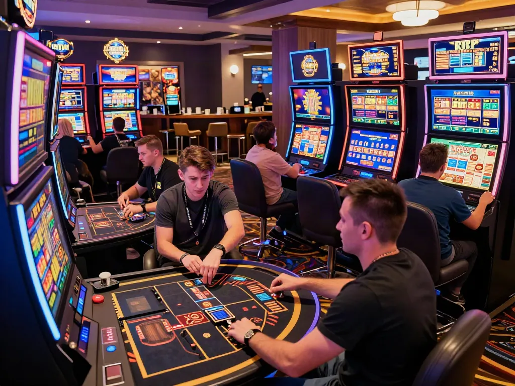 Engaged players enjoying high RTP slot machines in a modern casino environment.