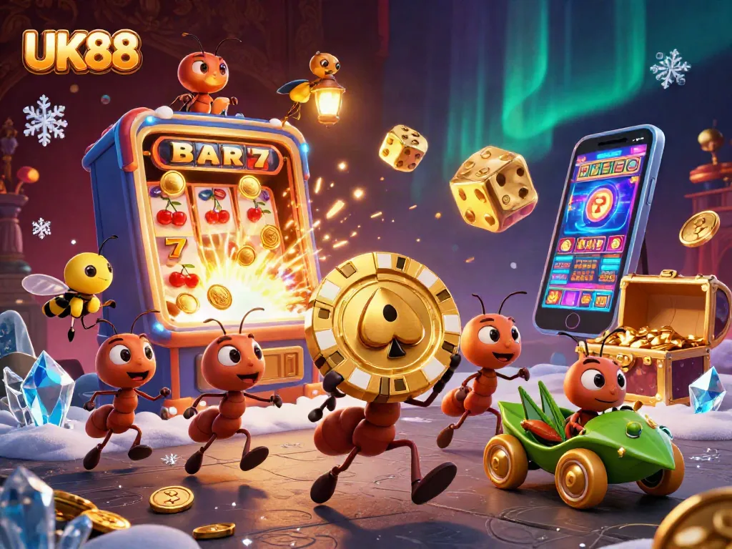 Engage in thrilling gameplay at UK88 with iconic golden poker chips and vibrant casino symbols.