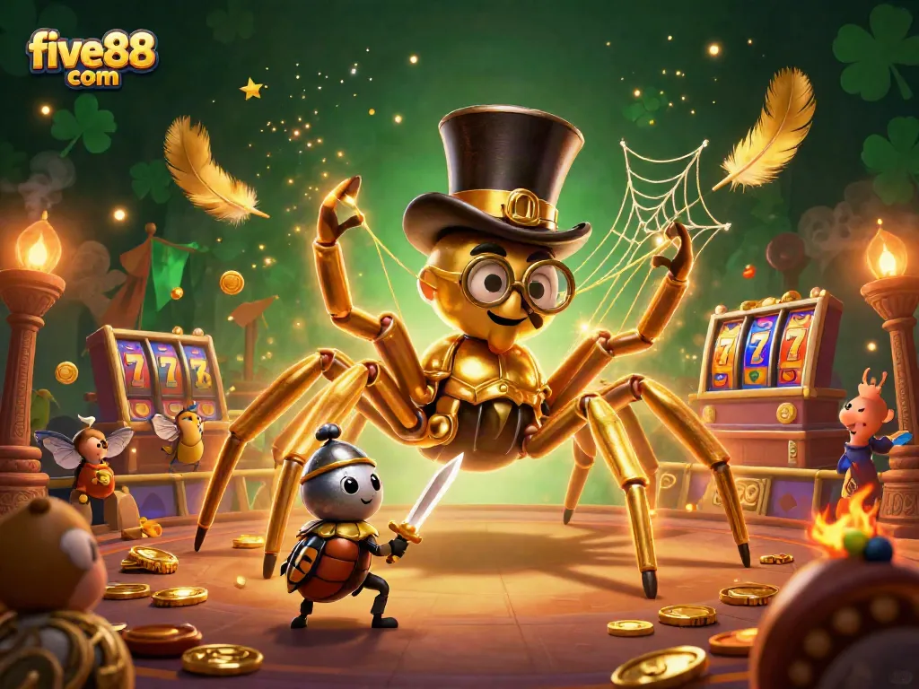 Engage with five88 com in an exciting casino scene featuring a golden tarantula and beetle knight amidst vibrant slot elements.