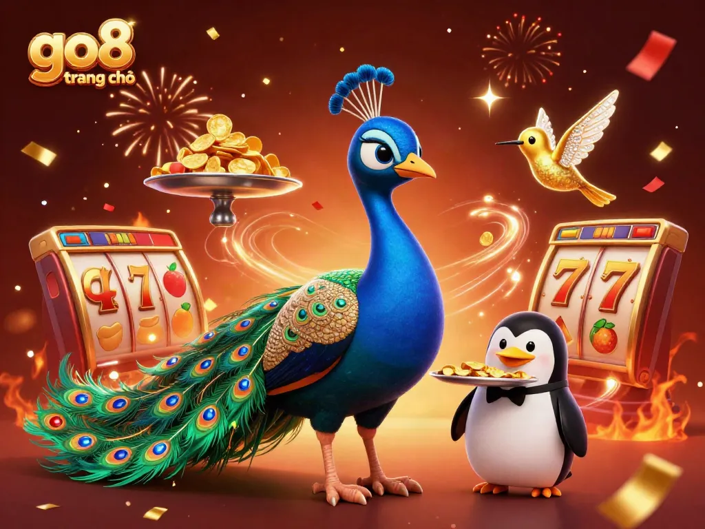 Experience the excitement at go8 trang chủ with detailed 3D illustrated characters amidst vibrant casino elements.