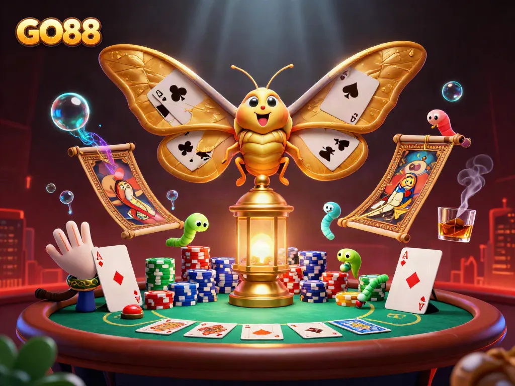 Experience GO88 with vibrant casino scenes highlighted by a majestic moth and golden elements in this engaging illustration.