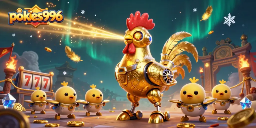 Play pokies996 with exciting slot reels and high-energy gaming elements in this vibrant 3D scene.