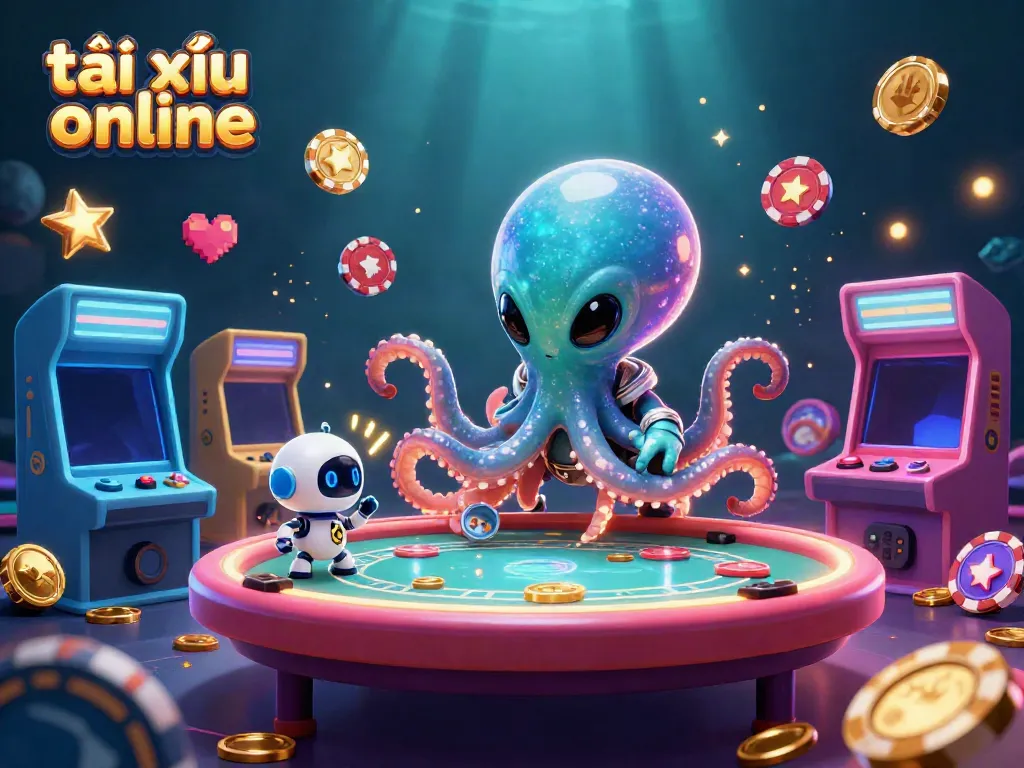 Engage in thrilling gameplay with a vibrant scene of tài xỉu online, featuring alien characters in a cosmic casino.