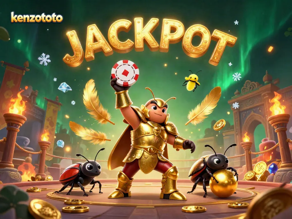 kenzototo showcases an exciting victory with a hercules beetle in golden armor lifting a poker chip, surrounded by a winning atmosphere
