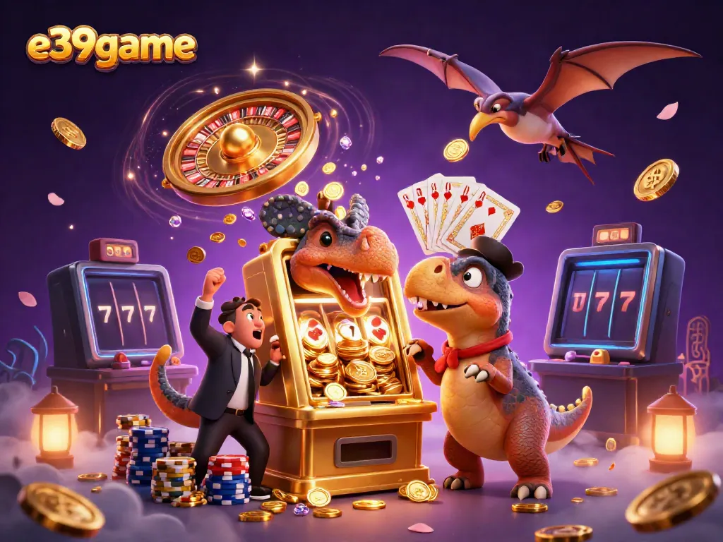 Experience the vibrant excitement of e39game as dinosaurs interact with golden slots, surrounded by dynamic casino elements.