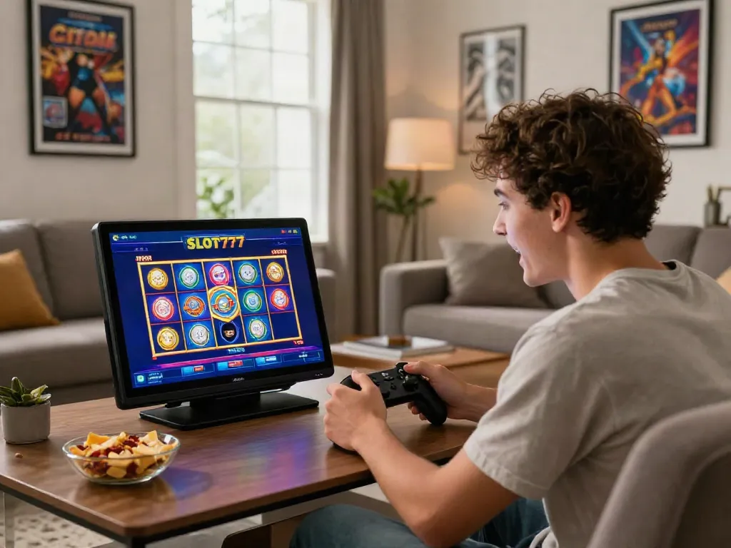 Player engaging with SLOT777 slot games on a laptop in a cozy living room environment.