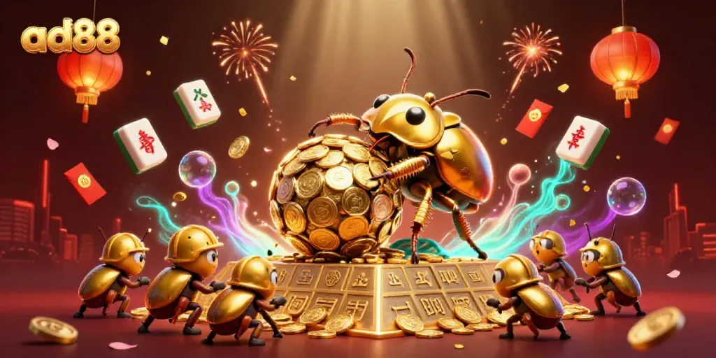 Spin to win big with ad88 in this vibrant 3D casino scene featuring gold coins and festive symbols.