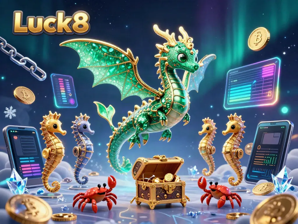 Experience thrilling gameplay at Luck8 with a majestic sea dragon amidst digital coins and cryptographic visuals.