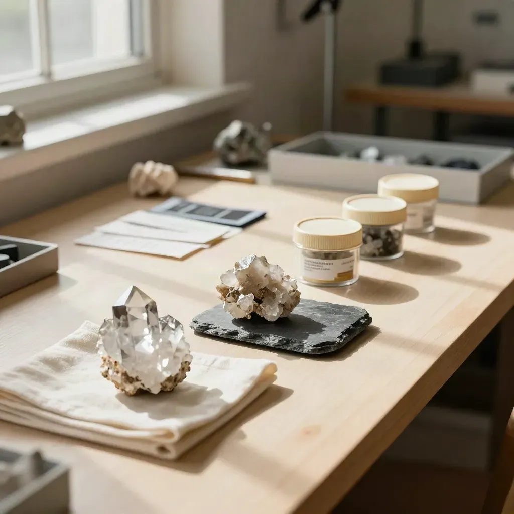 Zestaw startowy do rozpoznawania minerałów na jasnym stole, kwarc, kalcyt i łupek w ciepłym świetle