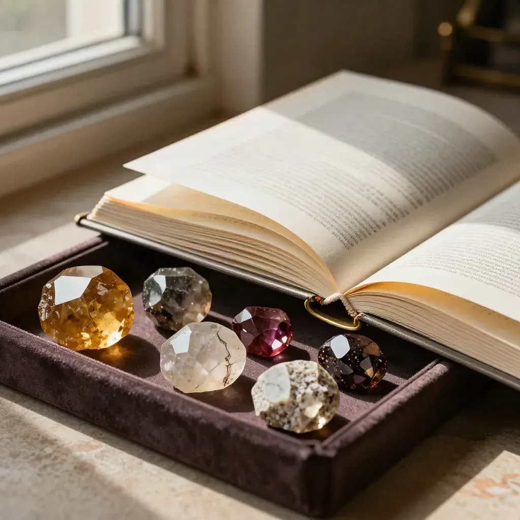 Atlas kamieni szlachetnych na aksamitnej tacy obok surowych i oszlifowanych minerałów