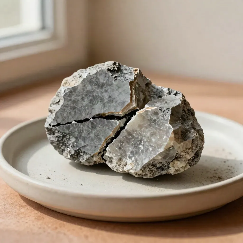 Zbliżenie łupka z pęknięciem na ceramicznej tacy w miękkim świetle
