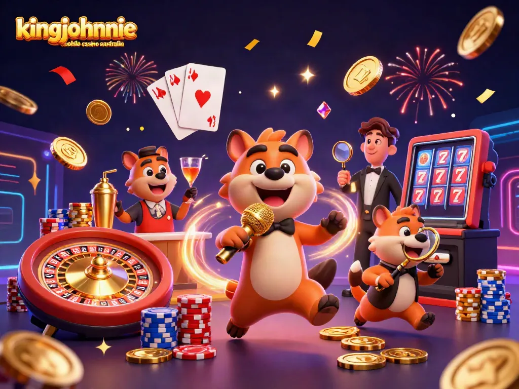 Join the fun at kingjohnnie mobile casino australia with lively hyena characters and vibrant casino elements.