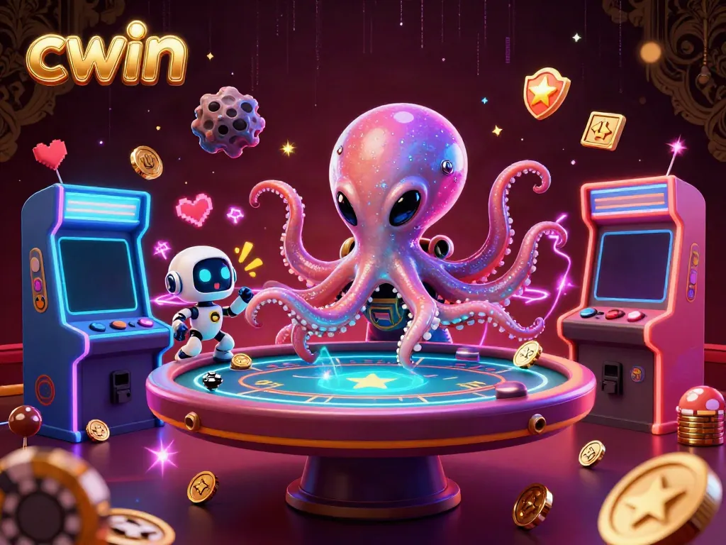 Engage in thrilling poker games with cwin's alien octopus and robot in an exciting casino scene.