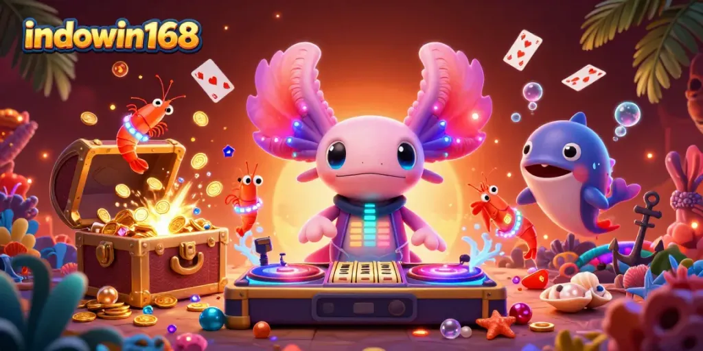 Indowin168 menghadirkan pengalaman bermain slot yang unik dengan ilustrasi digital ceria dan penuh detail.