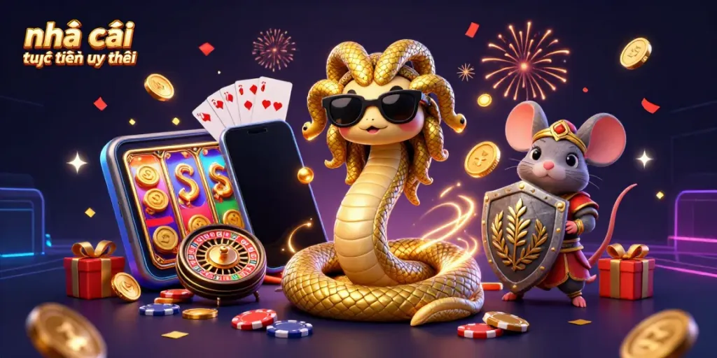 Experience vibrant gaming action with nhà cái trực tuyến uy tín featuring Medusa and a warrior mouse.