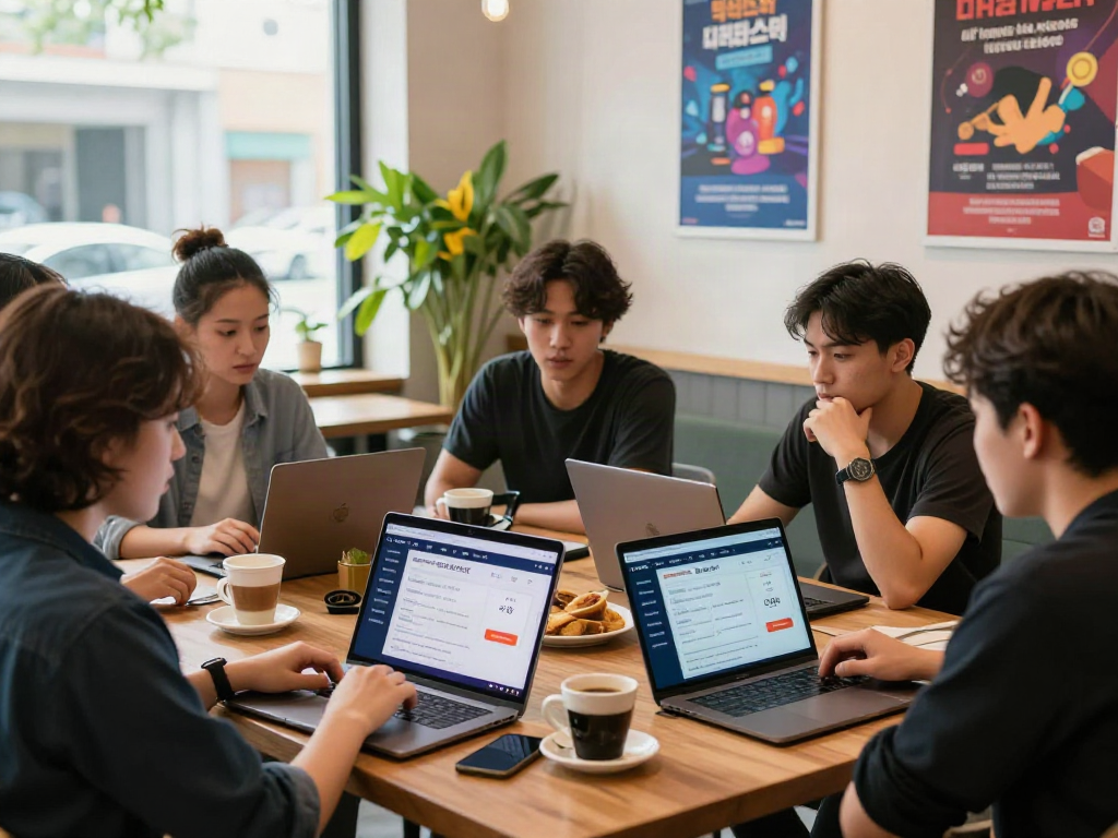 Engaged community discussing 먹튀검증 추천 먹튀스팟 in a modern café environment, showcasing collaborative betting safety.