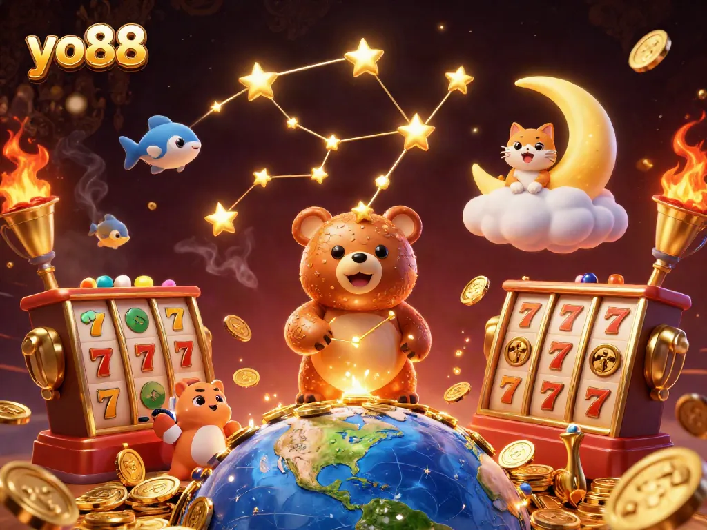 Collect yo88 coins with a constellation bear in a vibrant slot game illustration packed with excitement.