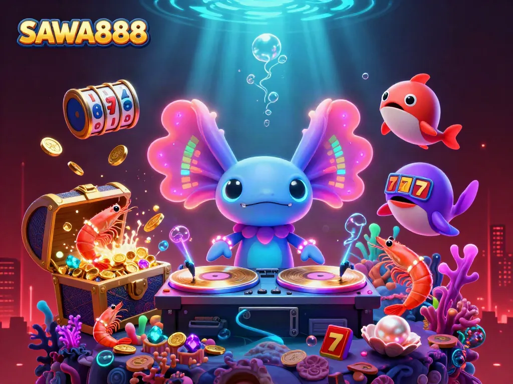 Experience SAWA888 thrills with an underwater DJ scene featuring glowing slot reels.