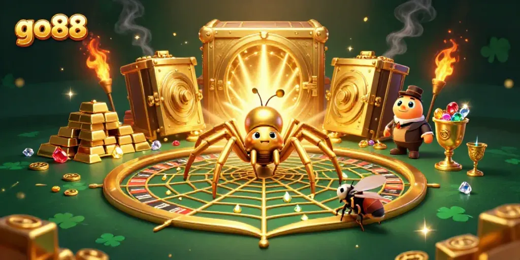 Experience the excitement of go88 casino gaming with a vibrant scene of golden treasures and animated characters.