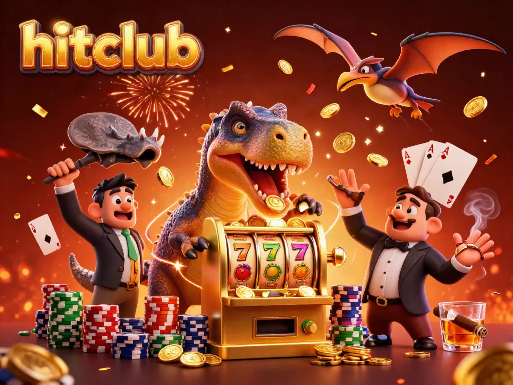 Hitclub scene with a cartoon dinosaur winning slots, coins flying and a panicked manager.