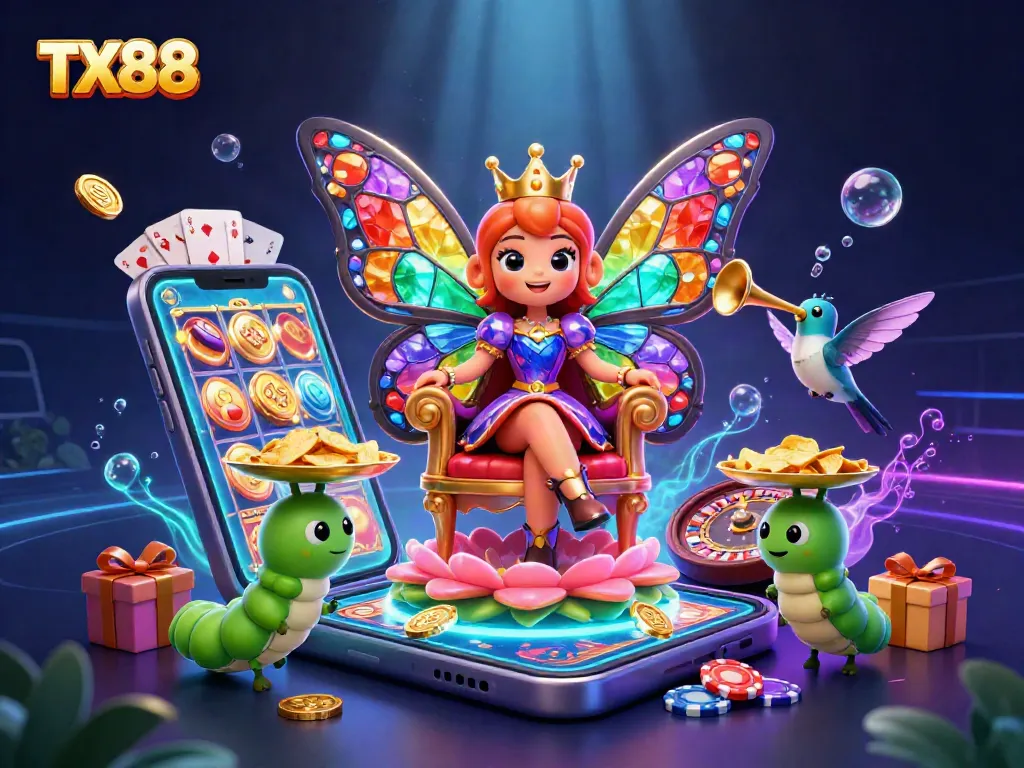 TX88 casino illustration showcasing a butterfly queen amid vibrant gaming elements for immersive play.