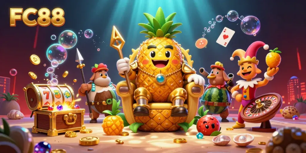Engage with FC88 at a vibrant casino featuring a golden pineapple king and slot reels.