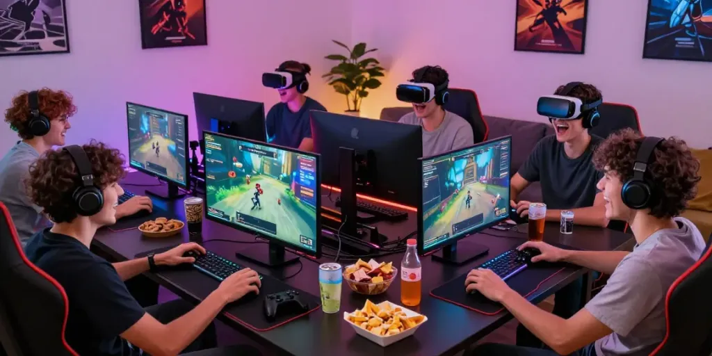 Friends enjoying multiplayer games on kilat404 gaming platform, vibrant lighting setting a lively mood.