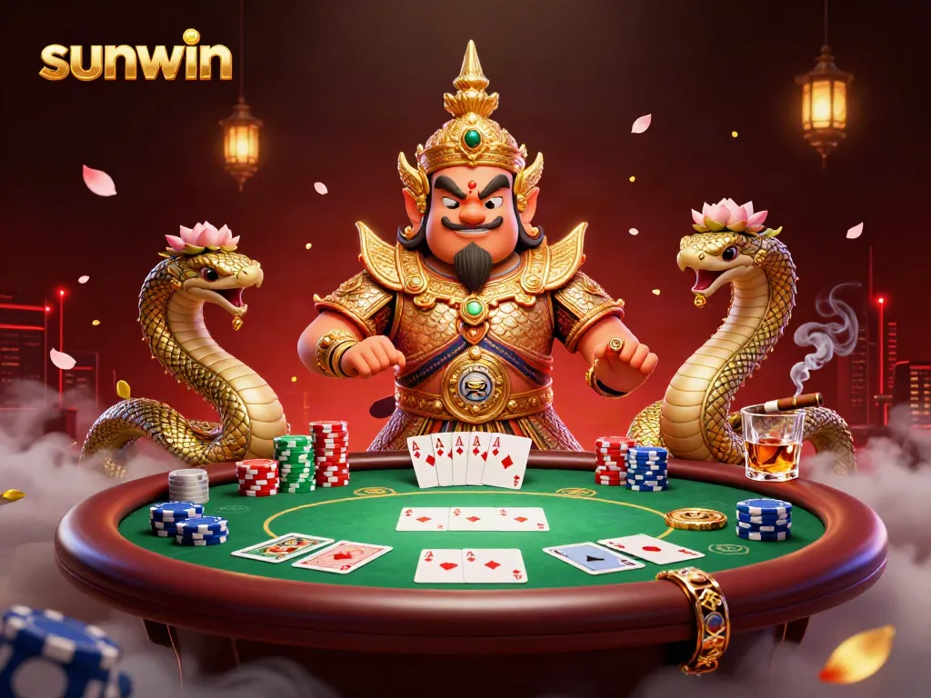 Experience action-packed poker moments with sunwin in an ultra-detailed casino illustration featuring vibrant characters.