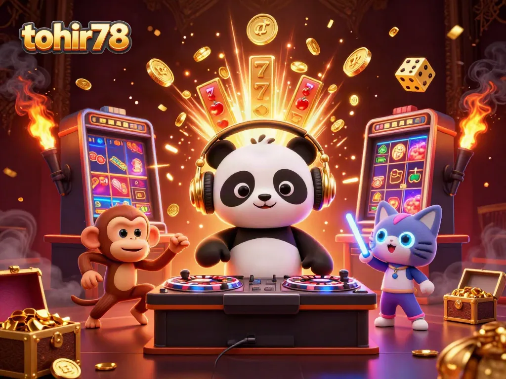Experience the excitement of tohir78 with a DJ panda, dancing monkey, and rave kitten amidst casino elements.