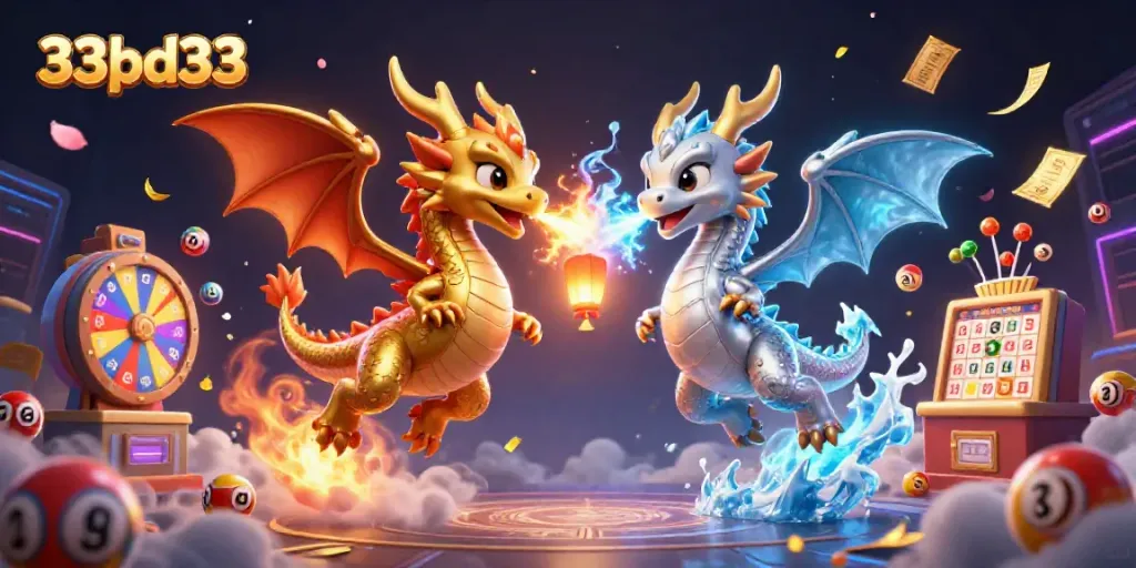 Engage with 33bd33's vibrant lottery scene featuring dynamic dragons and colorful game elements.