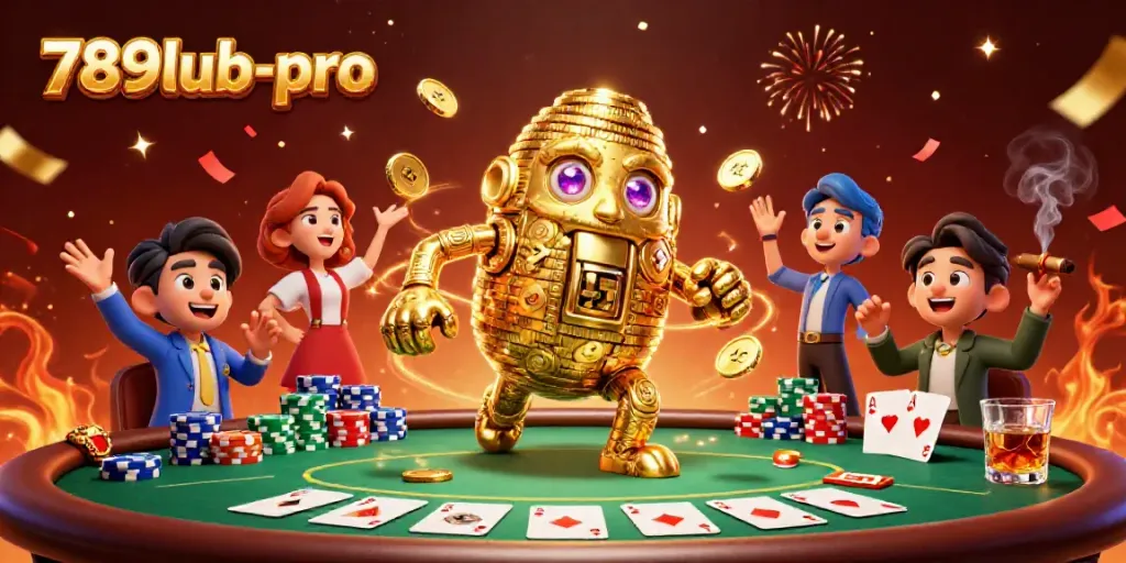 Engage in thrilling poker action with the 789lub-pro golden golem amidst a vibrant casino scene.