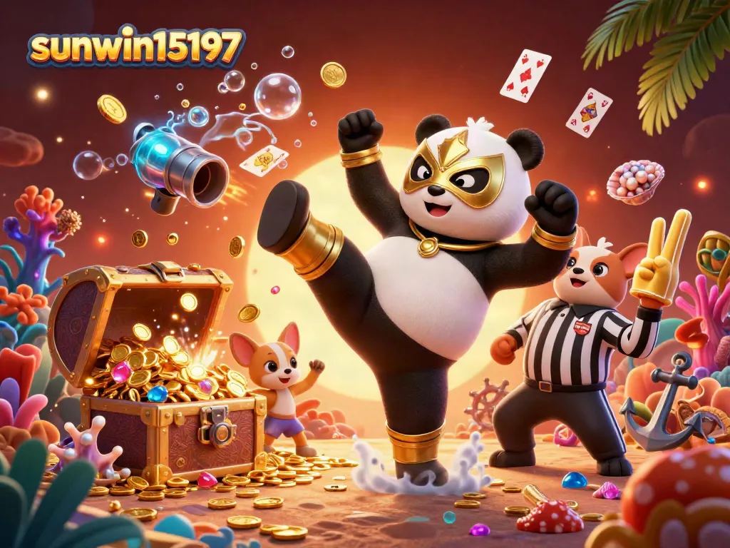 Experience thrilling action with sunwin15197 as a panda wrestler kicks off a lively scene filled with shimmering treasures and cheering fans.