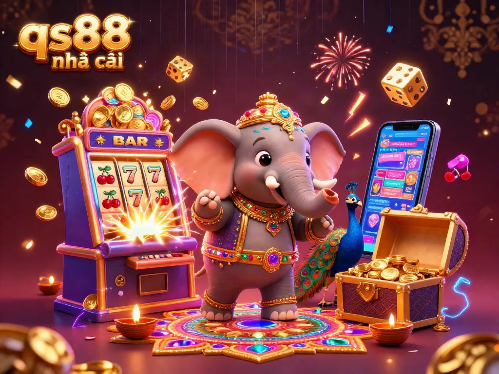 Experience the excitement of qs88 nhà cái with a vibrant 3D rendering showcasing games and festive elements.