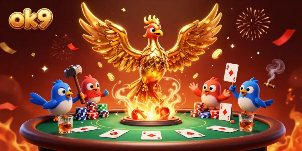 Bet big with ok9 as the molten phoenix and sparrows energize the casino scene of cards and chips.