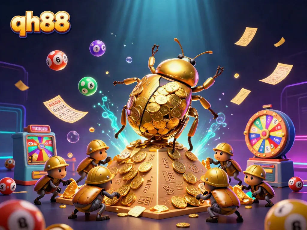 Engage with exciting casino vibes at qh88, featuring a vibrant 3D beetle scene with golden coins and lottery balls.