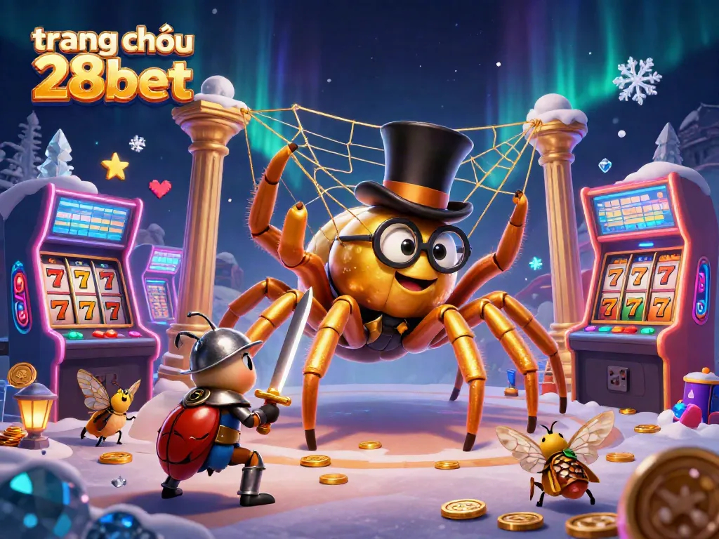 Engage in exciting gaming with an illustration featuring trang chủ 28bet, as a giant golden tarantula weaves a web amidst vibrant casino elements.