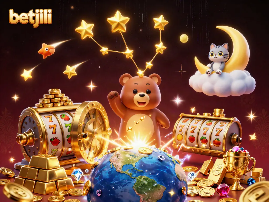 Experience exciting wins at betjili with vibrant casino-themed illustration featuring golden treasures and lucky symbols.