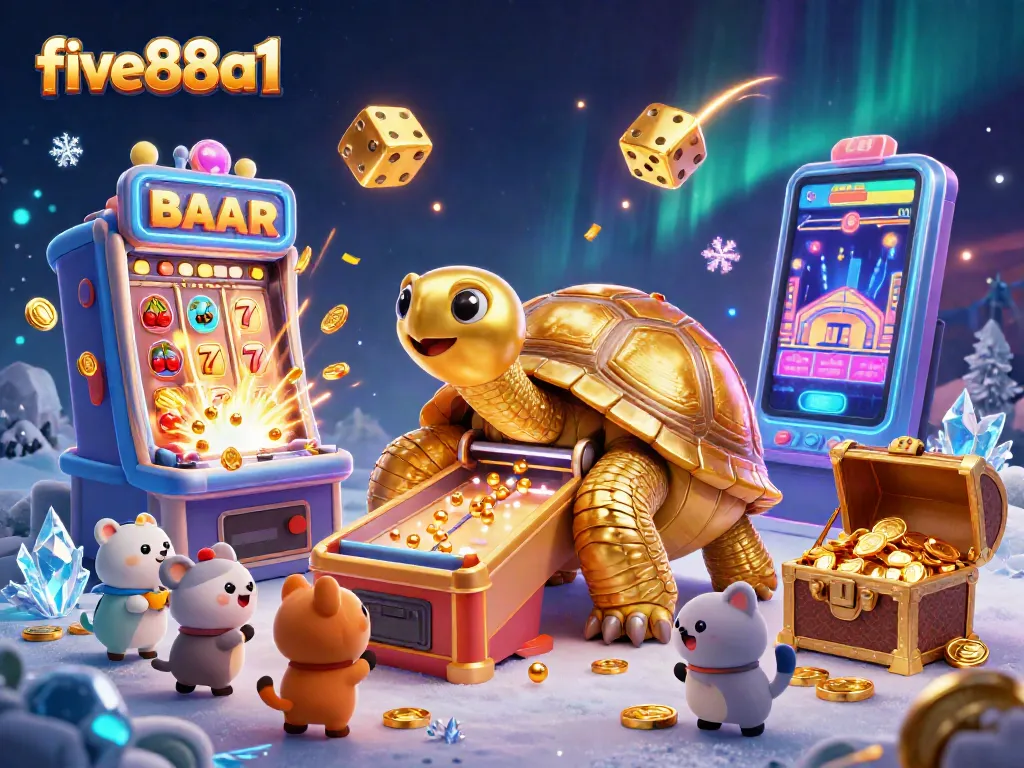 Engage with five88a1's vibrant casino experience featuring a colossal tortoise pinball machine and dynamic gaming action.