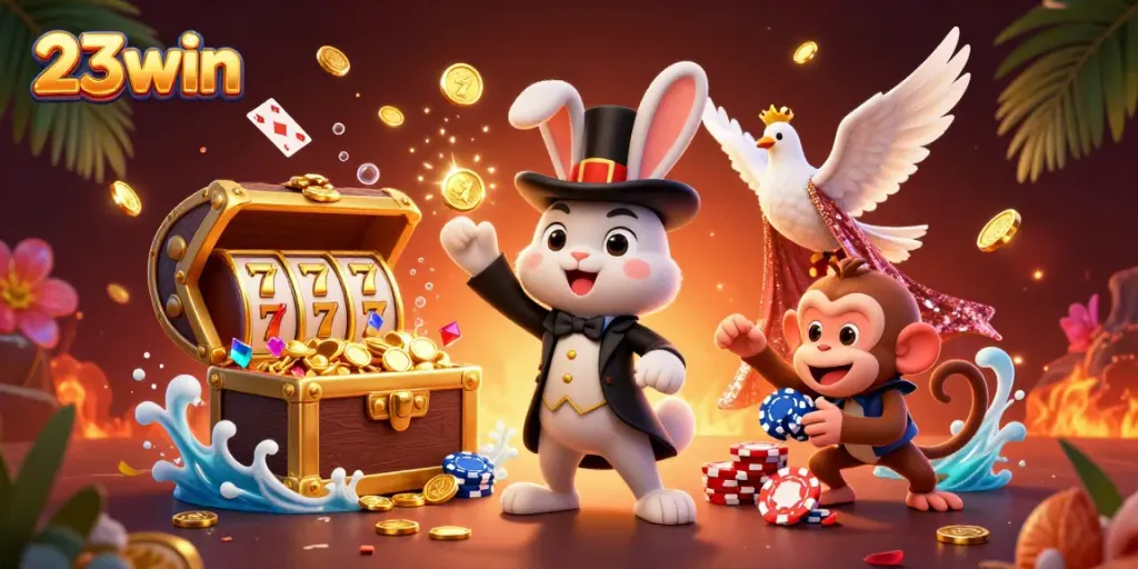 Experience the magic of 23win with cartoon characters amidst a vibrant casino scene.
