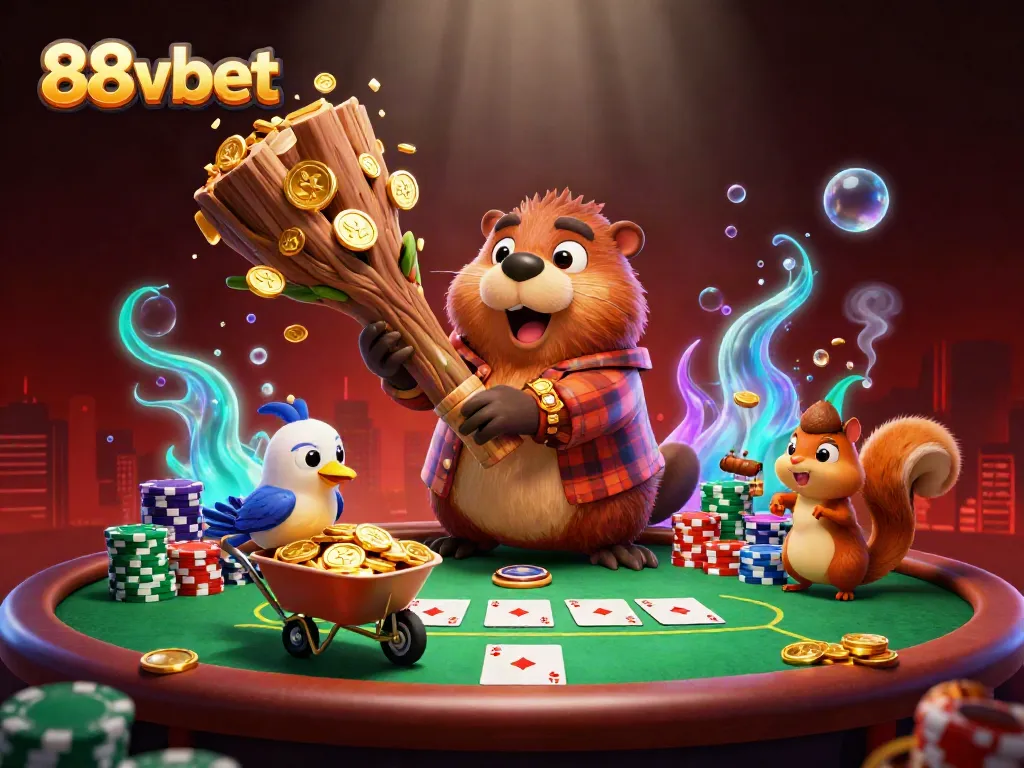 Experience vibrant 88vbet action with a cartoon beaver amidst golden coins and poker elements.