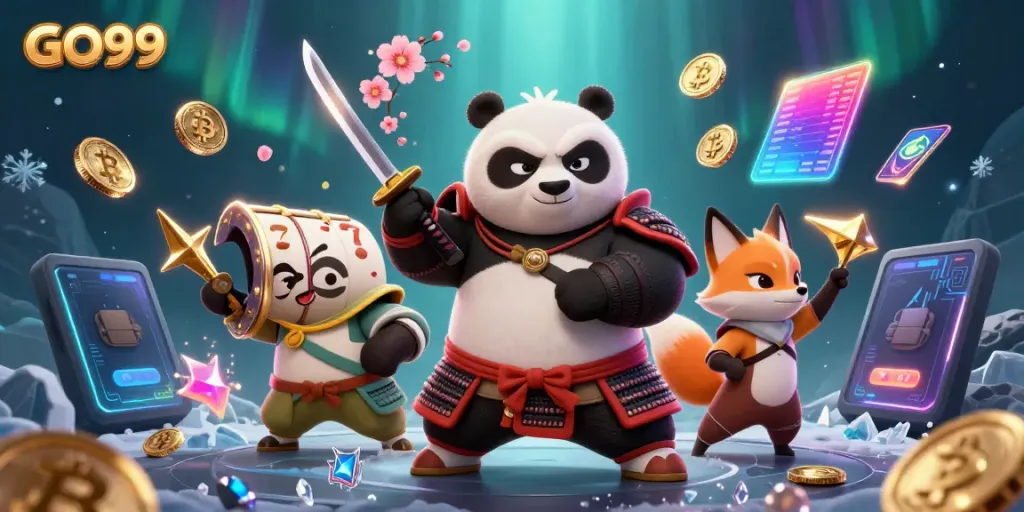 Experience the thrill of GO99 with a dynamic casino scene featuring samurai panda and neon elements.