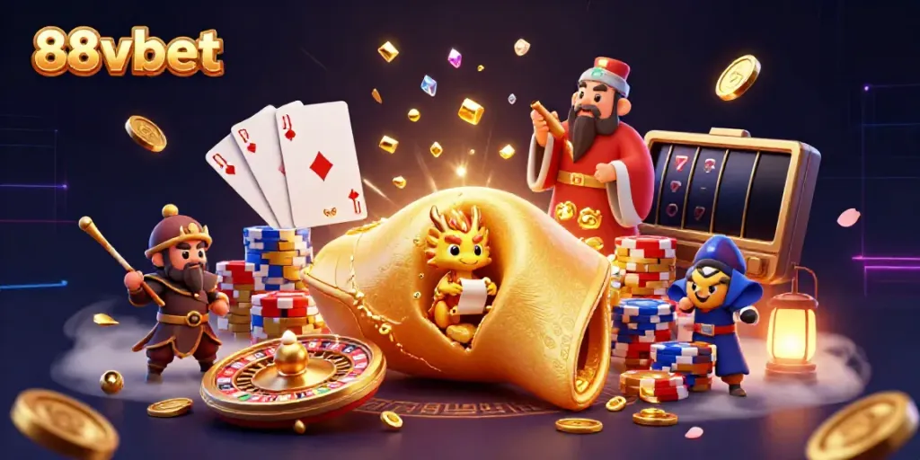 Experience gaming excitement at 88vbet featuring a giant golden fortune cookie, dragon, and dynamic casino elements.