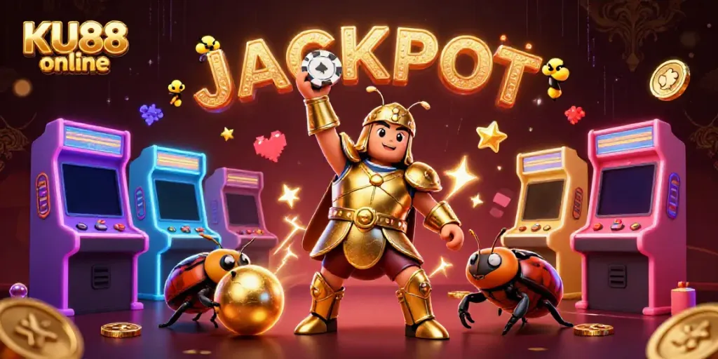 Engage with KU88 online as a heroic beetle celebrates a big win amidst vibrant gaming elements.