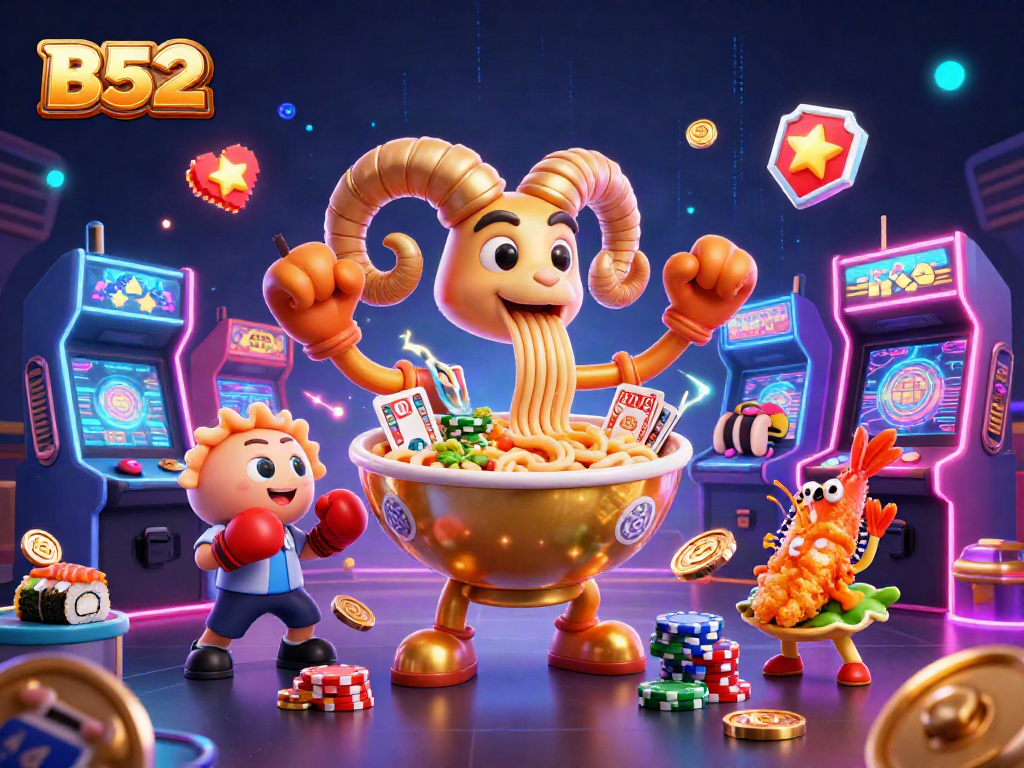 Engage in B52-themed casino excitement with a vibrant 3D illustration showcasing games and characters.