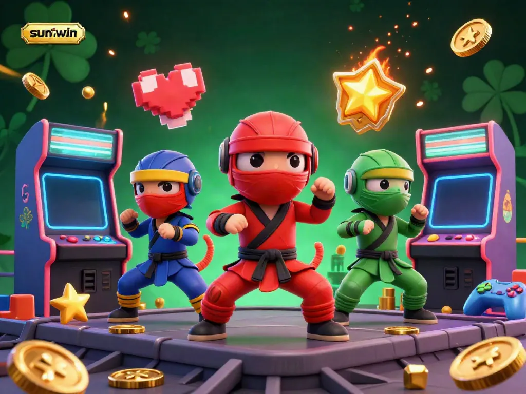 Engage in the exciting world of sunwin with a 3D ninja chameleon team showcasing vibrant gaming elements.